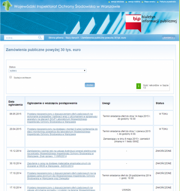 BIP Wojewódzki Inspektorat Ochrony Środowiska - zamówienia publiczne